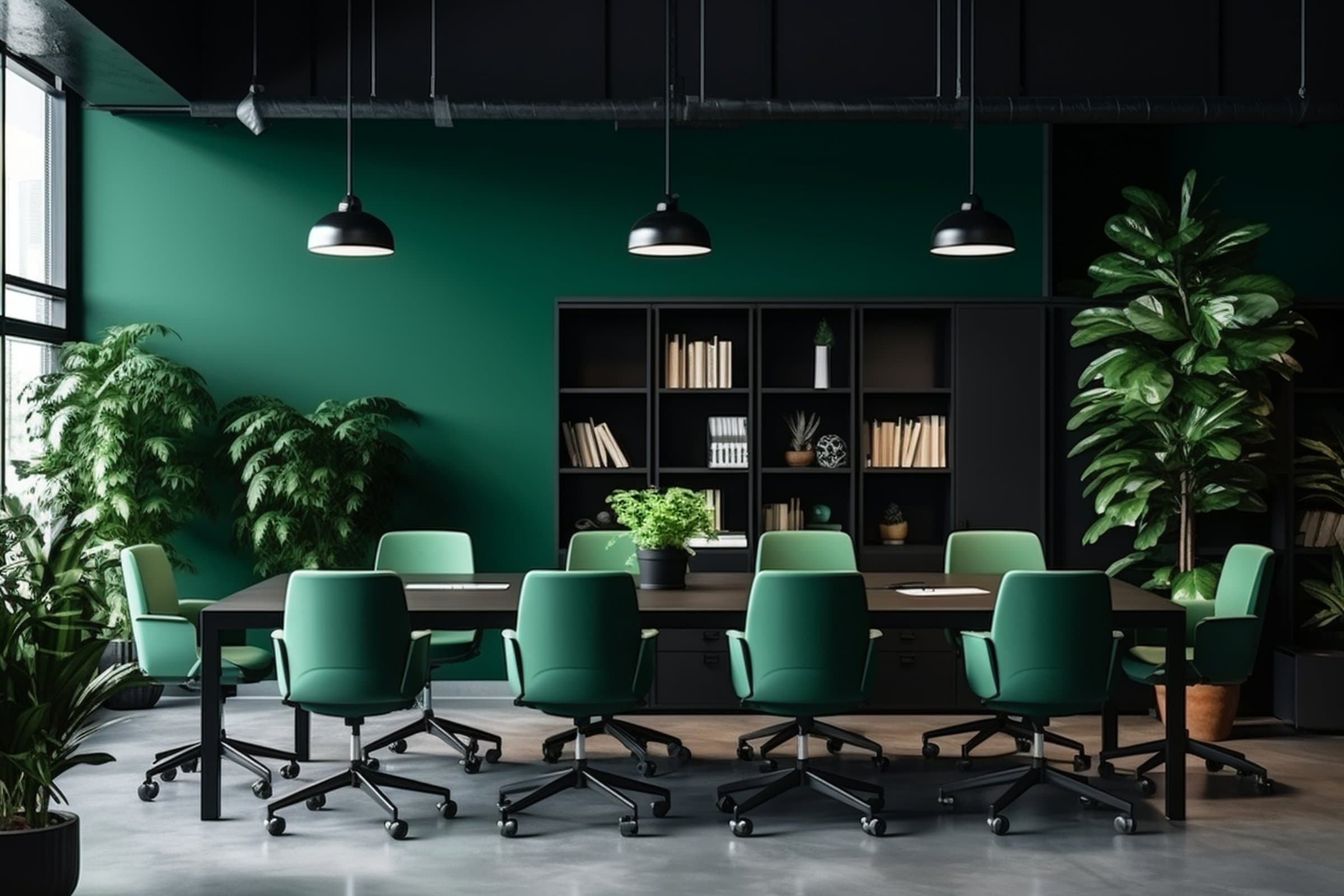 Sala de reunião corporativa com cadeiras estofadas em verde ao redor de mesa em madeira
